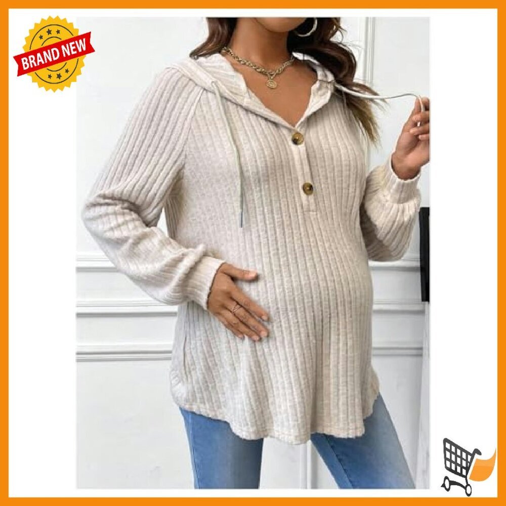 Maternity Half Button Hoodie Long Sleeve Ribbed Knit Sweatshirt Spring - Picture 5 of 7